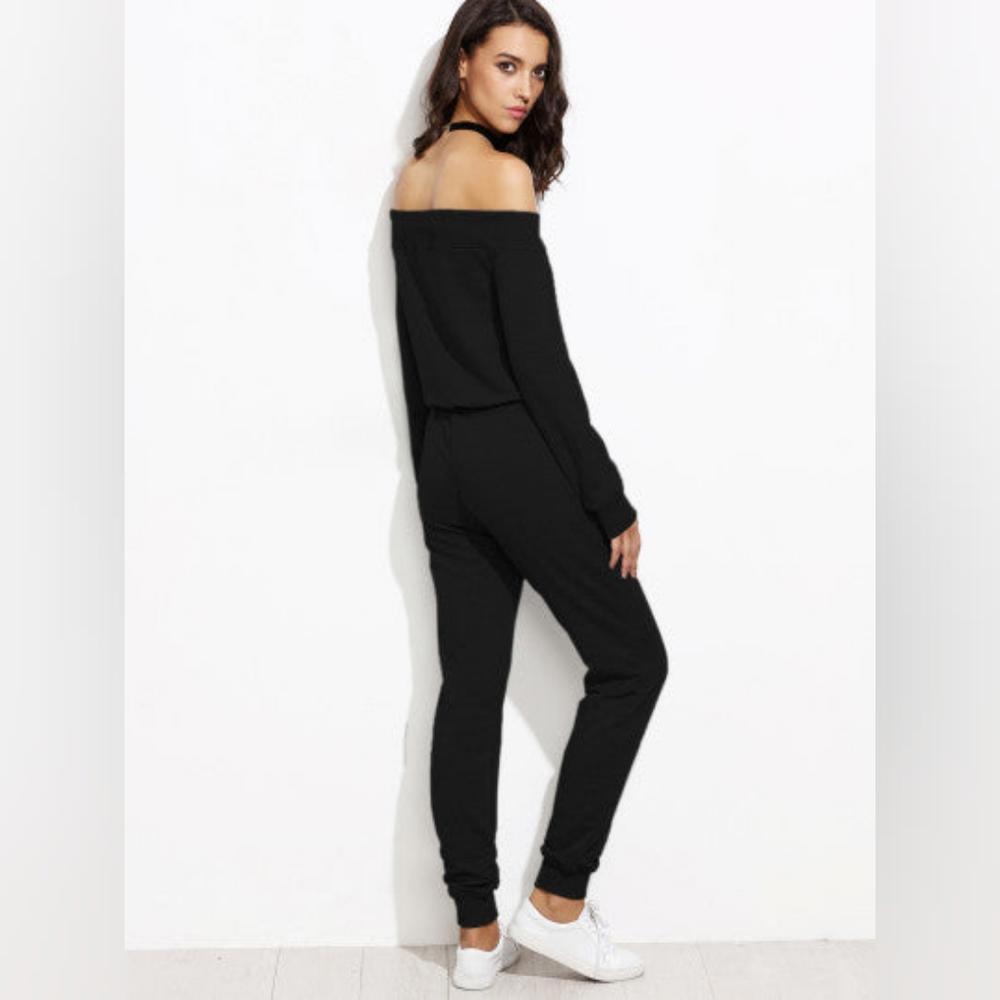 Two Piece Off Shoulder Crop Top and Sweat Pant Set Sport Tracksuit Black XL - Picture 5 of 7